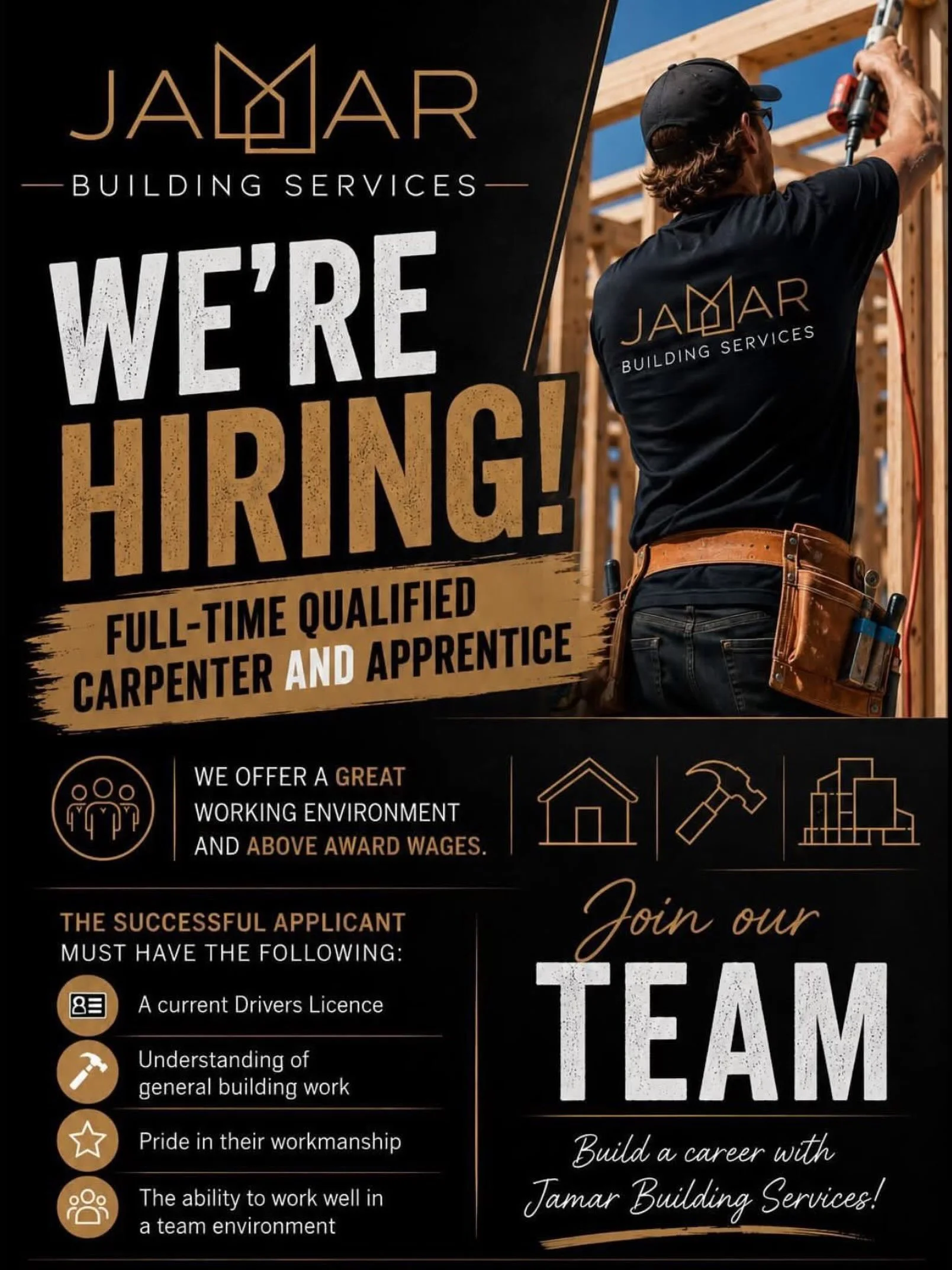 JOIN OUR TEAM!

Email your resume to: rhys@jamarbuilding.com.au
or call Rhys on 0458 095 882
 
www.jamarbuilding.com.au