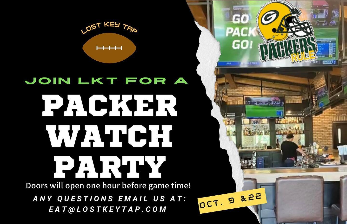 💚💛 We are excited to host Packer watch parties! During the away games in October (10/9 and 10/22) join us to watch the game! We will have the bar open, drink specials, and game time snacks! 
Doors will open one hour before the game for pregame drin