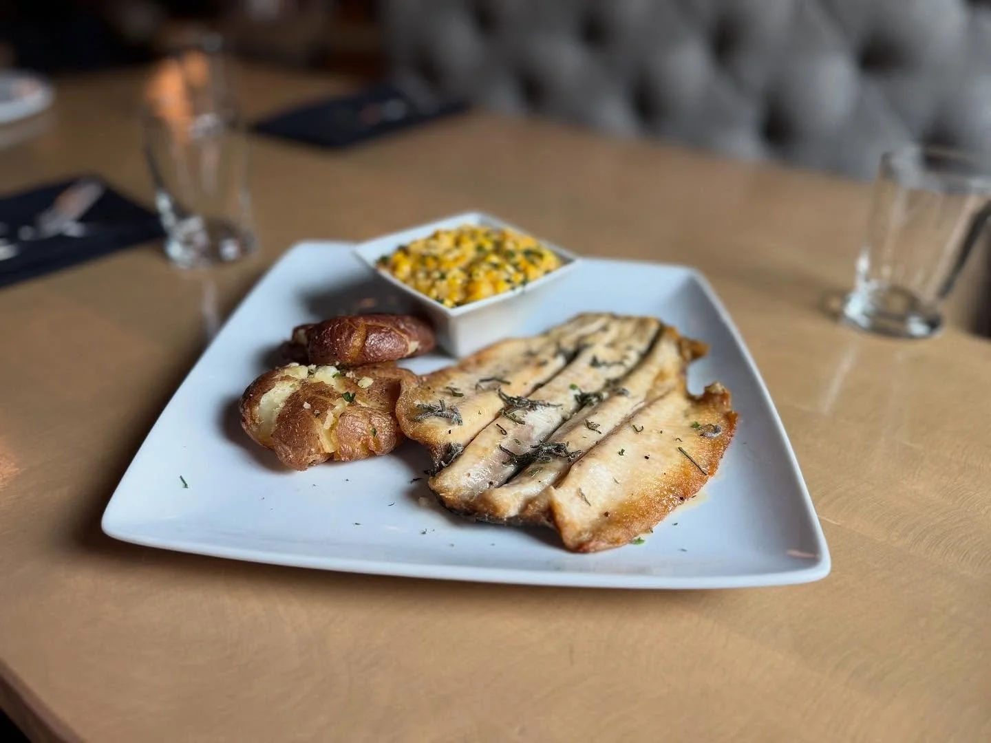 Happy Saturday!!
๐ธ: one of our features this week!
Rushing waters Rainbow trout     
Pan-roasted rushing waters rainbow trout, sage hot honey butter, creamed sweet corn, and smashed baby reds
Make your reservations on our w