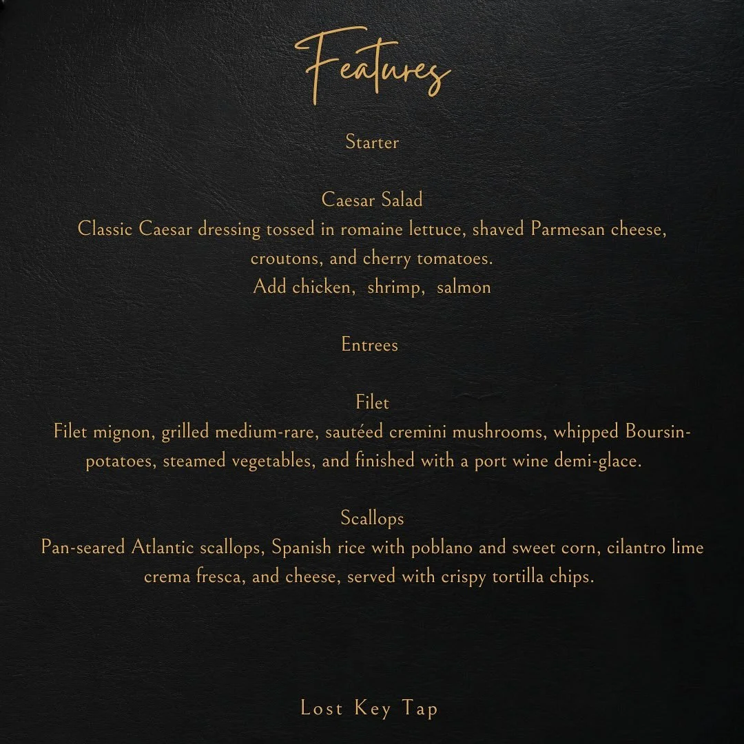 ๐ฅNew features!๐ฅ
Caesar Salad
Classic Caesar dressing tossed in romaine lettuce, shaved Parmesan cheese, croutons, and cherry tomatoes.
Add chicken,  shrimp,  salmon
Filet
Filet mignon, grilled medium-rare, sautéed cremini mushrooms, whippe