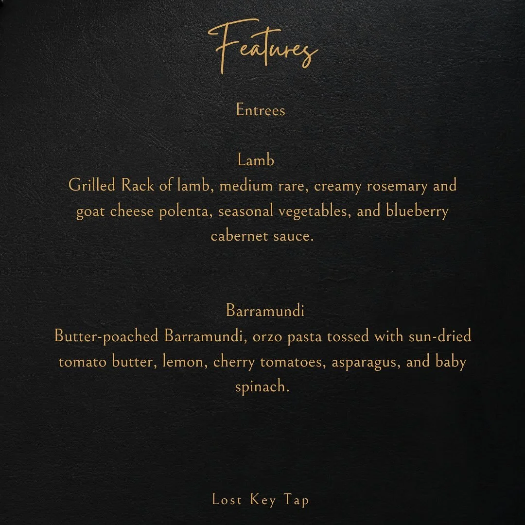New Features this week!! 
Come in and give them a try!

Make your reservations on our website!
Lostkeytap.com
.
.
.
#chefsfeature #featured #specials #yum #foxvalley #foxcities #depere #greenbay #foxvalleyfood #foxcitiesfoodie #greenbayfoodie #bar #r