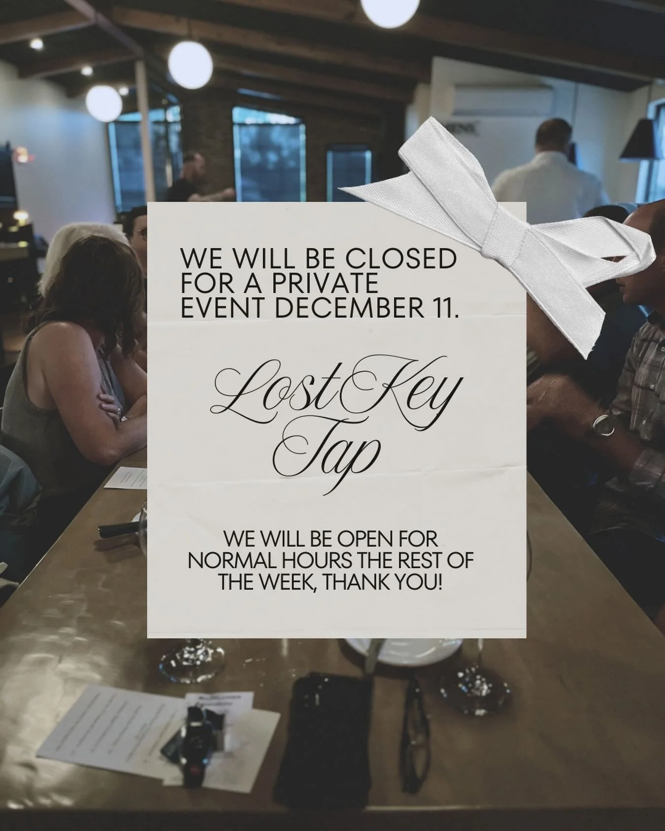 Coming up this week, we will be closed on Thursday December 11th for a private event.  We will be open for our normal hours the rest of the week! 

Make your reservation on our website!
Lostkeytap.com
.
.
.
#foxvalley #foxcities #depere #greenbay #ap