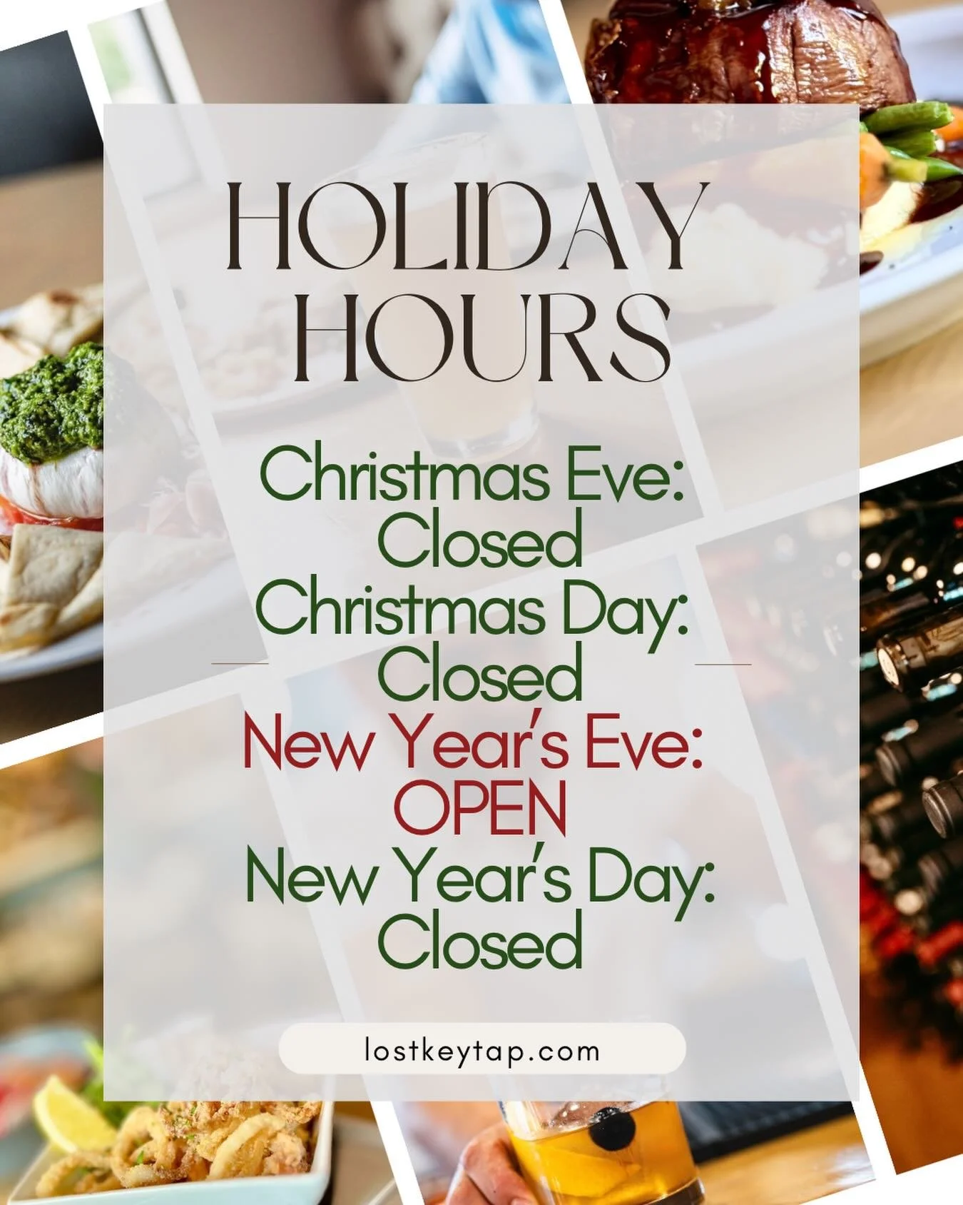 The holiday season is here, we will have a few days we are closed for our staff to spend time with their families.

Make a reservation on our open days! 
Lostkeytap.com
.
.
.
#christmas #holidays #holidayhours #newyear #foxvalley #foxcities #depere #