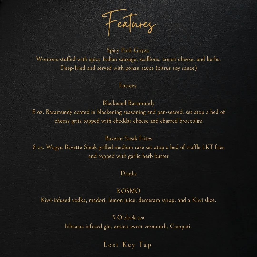 We have new features this week! 
Come in and try them out!

Make your reservation on our website!
Lostkeytap.com
.
.
.
#chefsfeature #foxvalleyfood #depere #greenbayfoodie