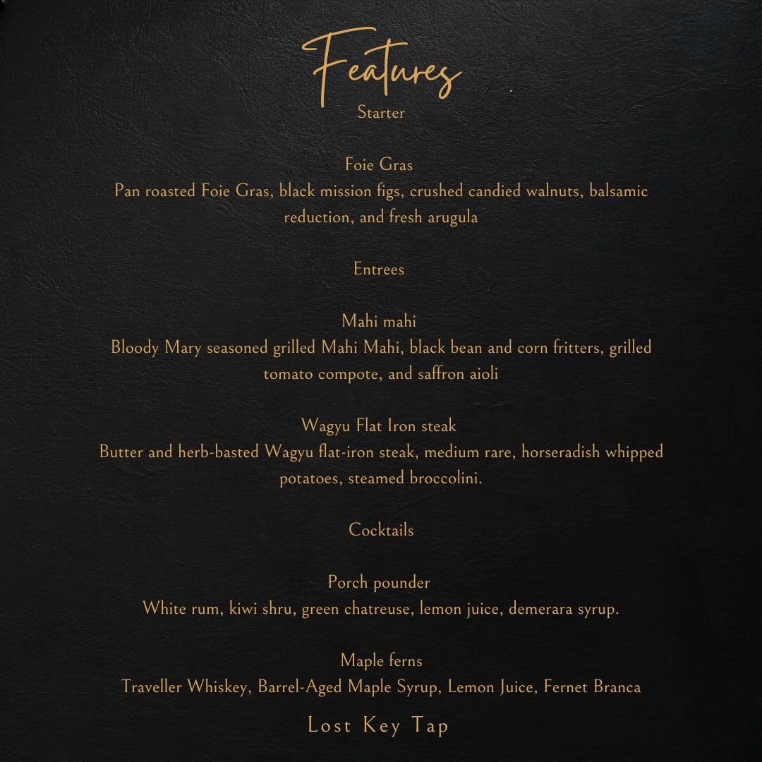 New features this week!! 
Make your reservation to try them!
Lostkeytap.com
.
.
.
#chefsfeature #foxvalleyfood #greenbayfoodie #wagyusteak #mahimahi