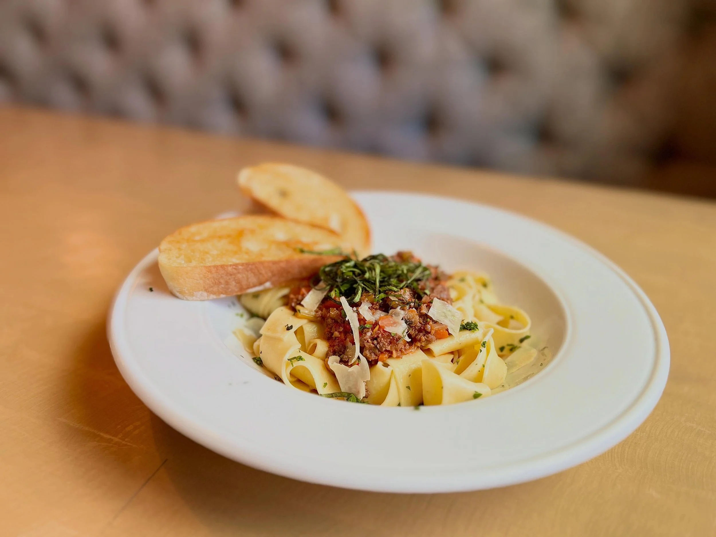 Today feels like a good day for our Wagyu Beef Bolognese:
Wagyu beef, serrano ham, spicy Italian sausage, mushrooms, aromatics, fresh herbs simmered in red wine and plum tomatoes, pappardelle pasta, fresh basil, served with toast points.

Make your r