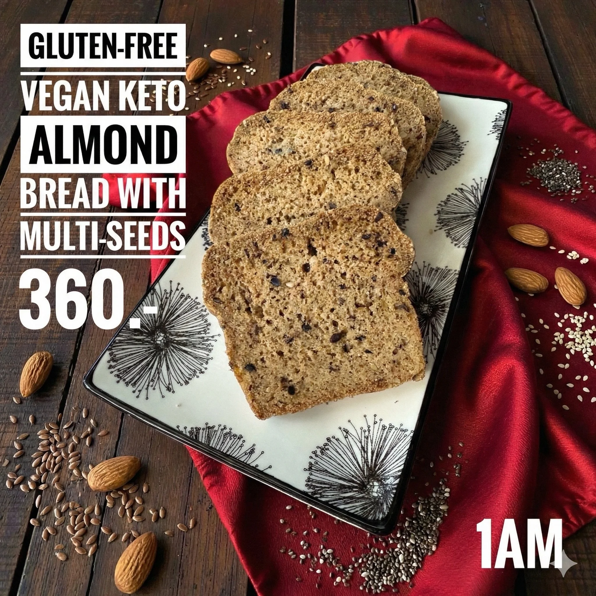 1AM Gluten-Free Vegan Keto Almond Bread with Multi-Seeds ขนมปังอัลมอนด์ไร้กลูเตนวีแกนคีโตผสมธัญพืช