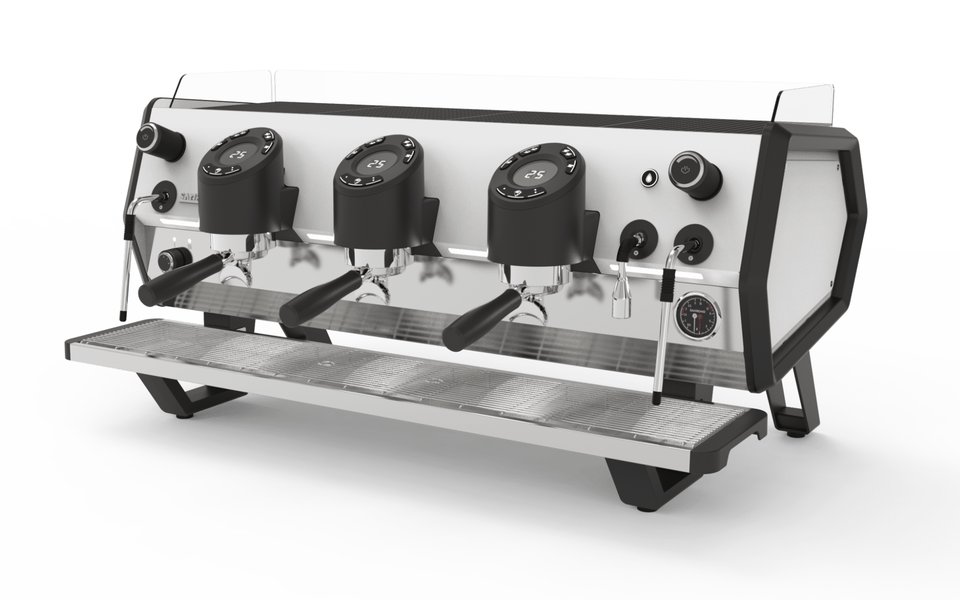 Sanremo Espresso Machine  D8 Plus. Modern commercial espresso machine with three group heads, steam wand, and an integrated cup warmer on top.