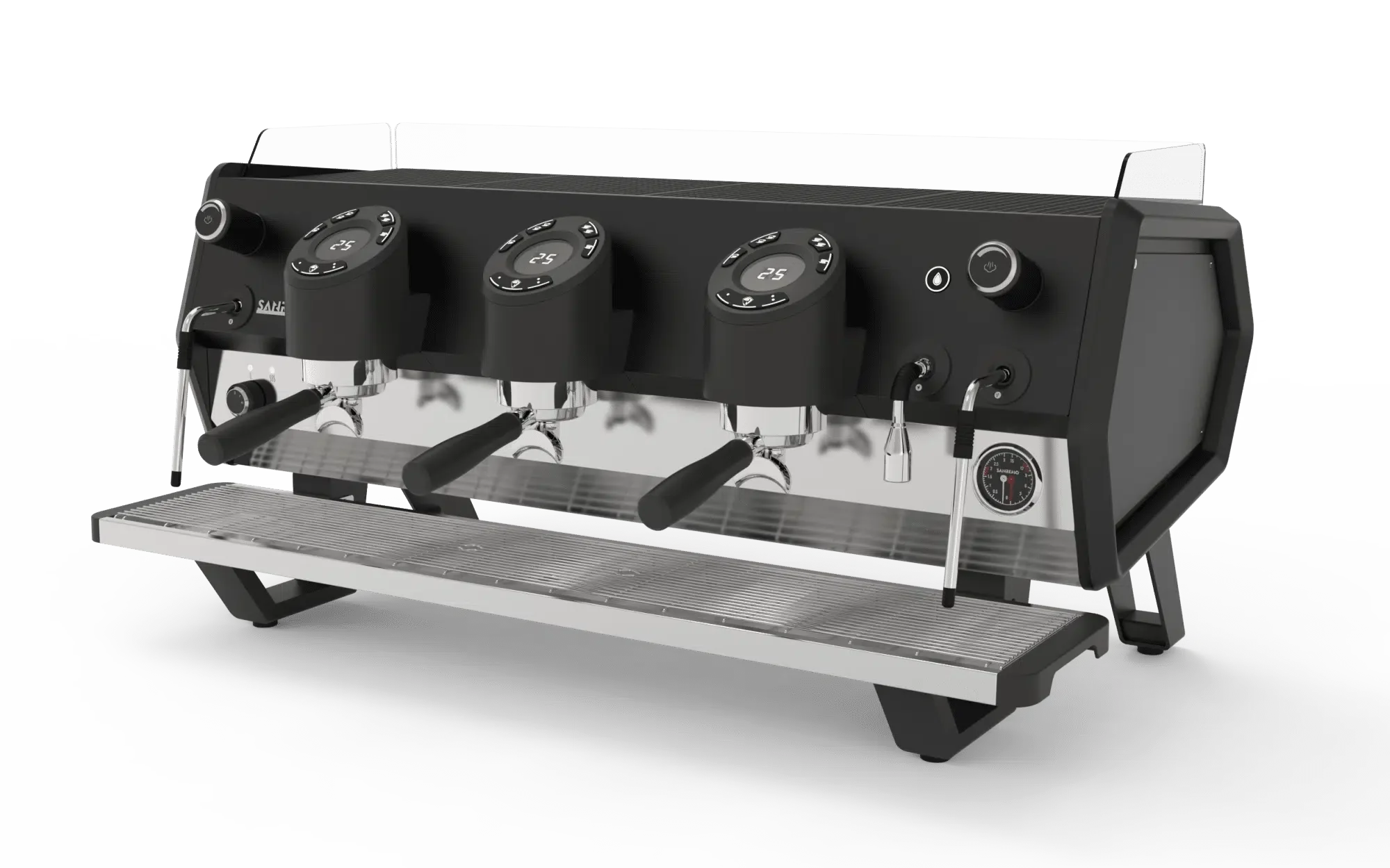 Sanremo Espresso Machine F18. Black espresso machine with three group heads, steam wands, temperature gauge, and digital displays, on a white surface.
