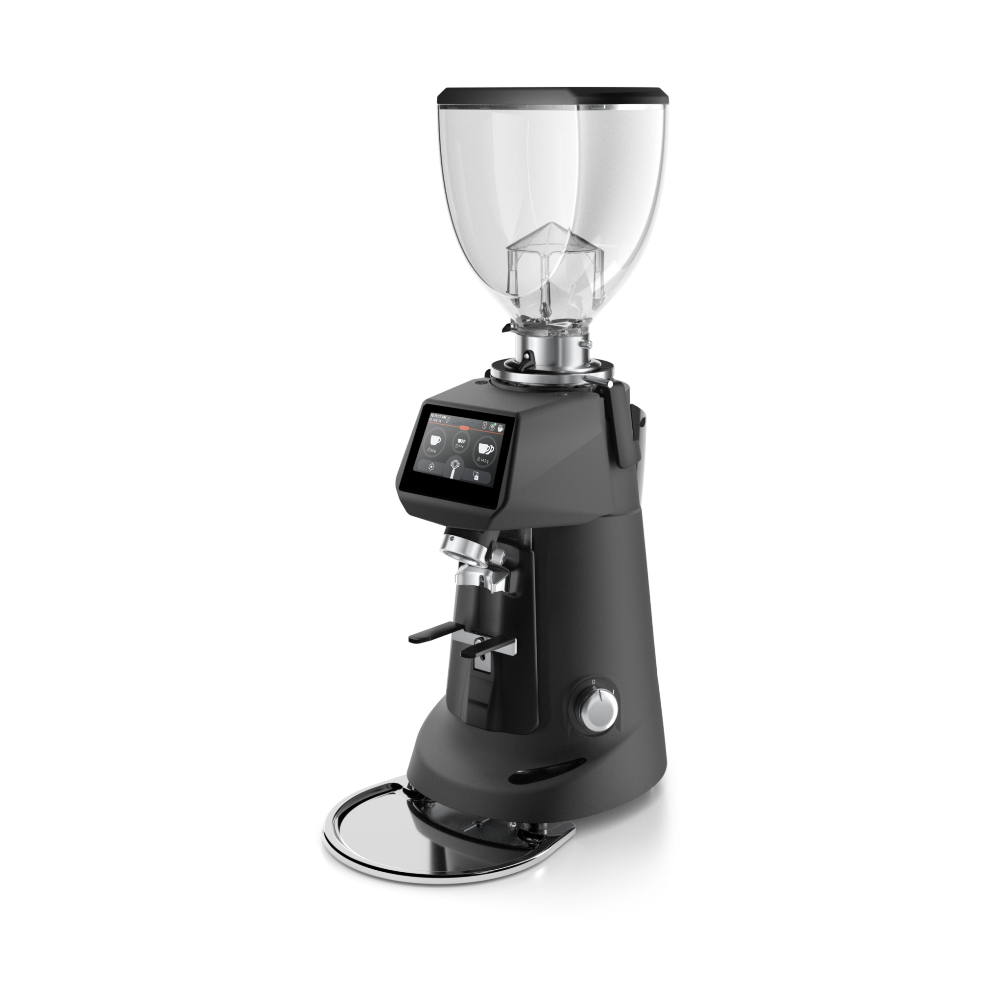 Black coffee grinder with digital touchscreen display and clear hopper at the top