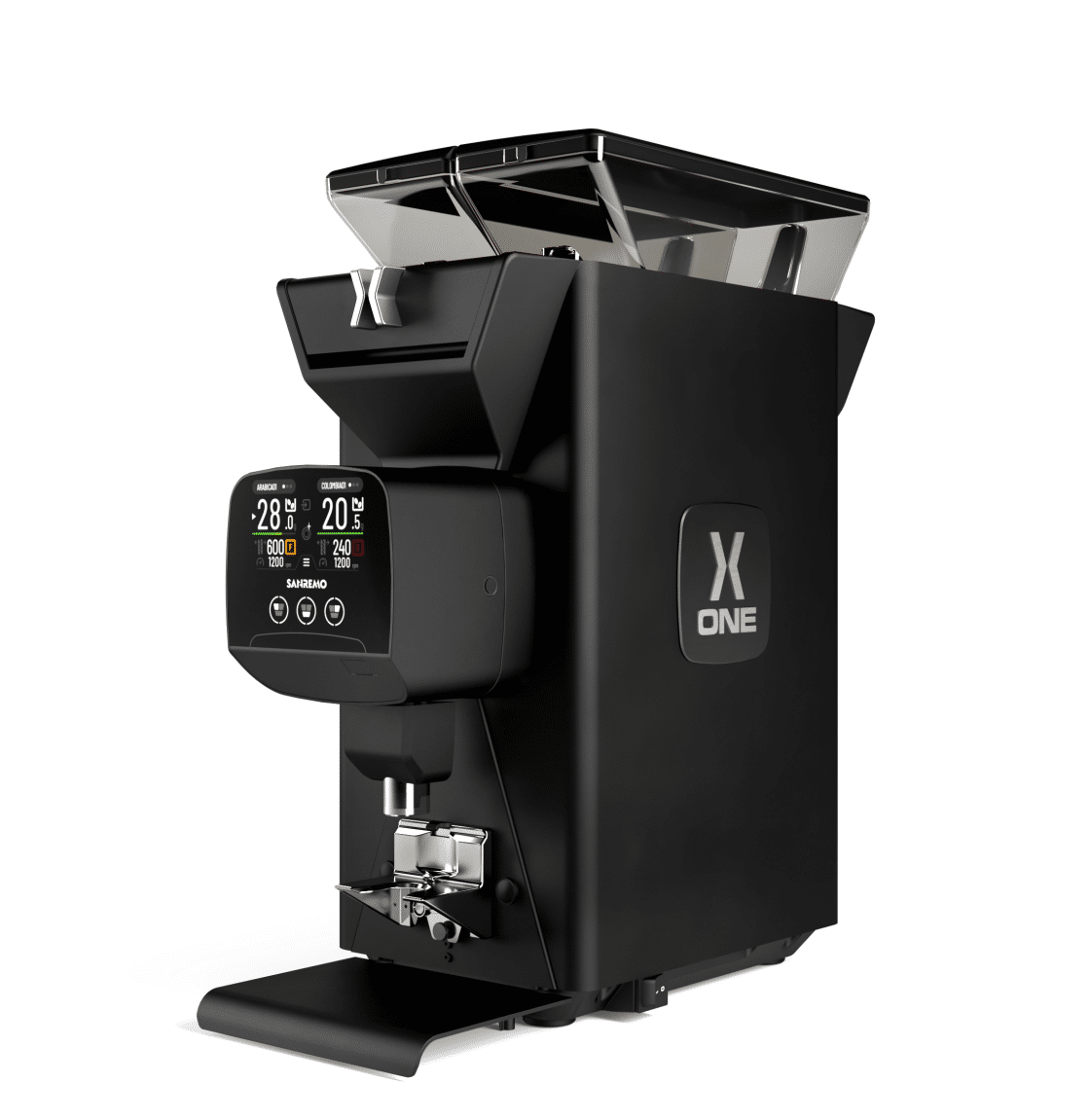 A professional espresso coffee machine with a digital display, black and silver design, and a drip tray at the bottom.