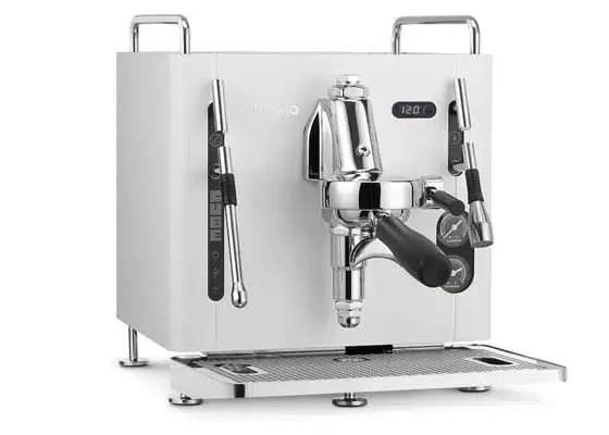 Sanremo Espresso Machine Cube. Home and Commercial espresso machine with a chrome finish, digital display showing 120, and multiple knobs and levers, placed on a drip tray.