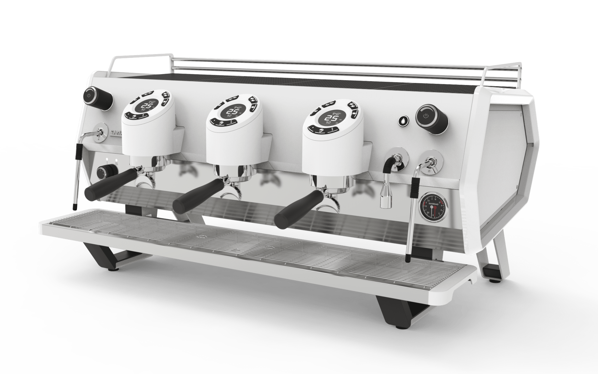 Sanremo Espresso Machine D8 Pro. Commercial white espresso machine with four group heads, digital displays, steam wand, and portafilter handles, set against a plain background.