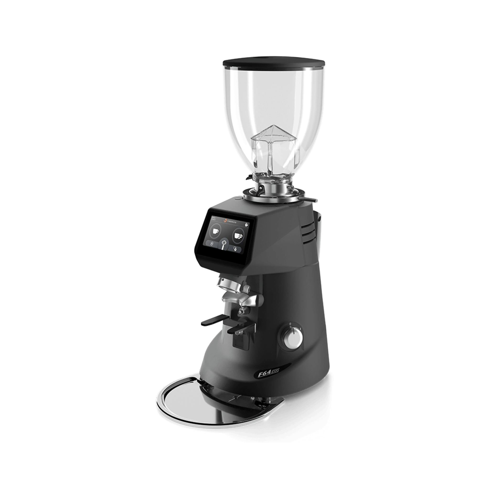 Black coffee grinder with digital display and a clear top hopper for coffee beans.