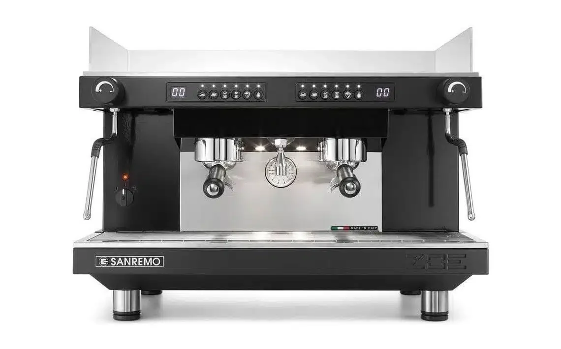 Sanremo Espresso Machine Zoe. Black and silver espresso machine with dual group heads and steam wands