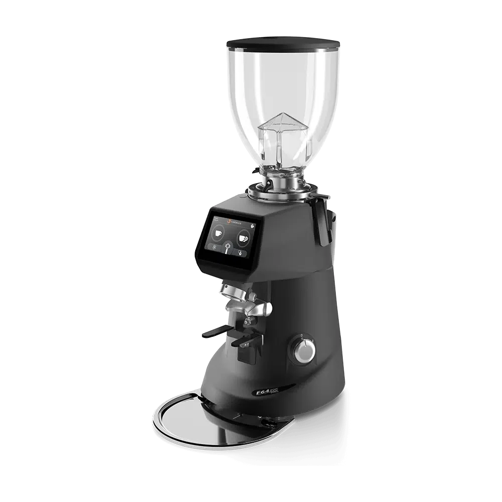 Electric coffee grinder with a black body, digital touch display, and a clear hopper for beans.