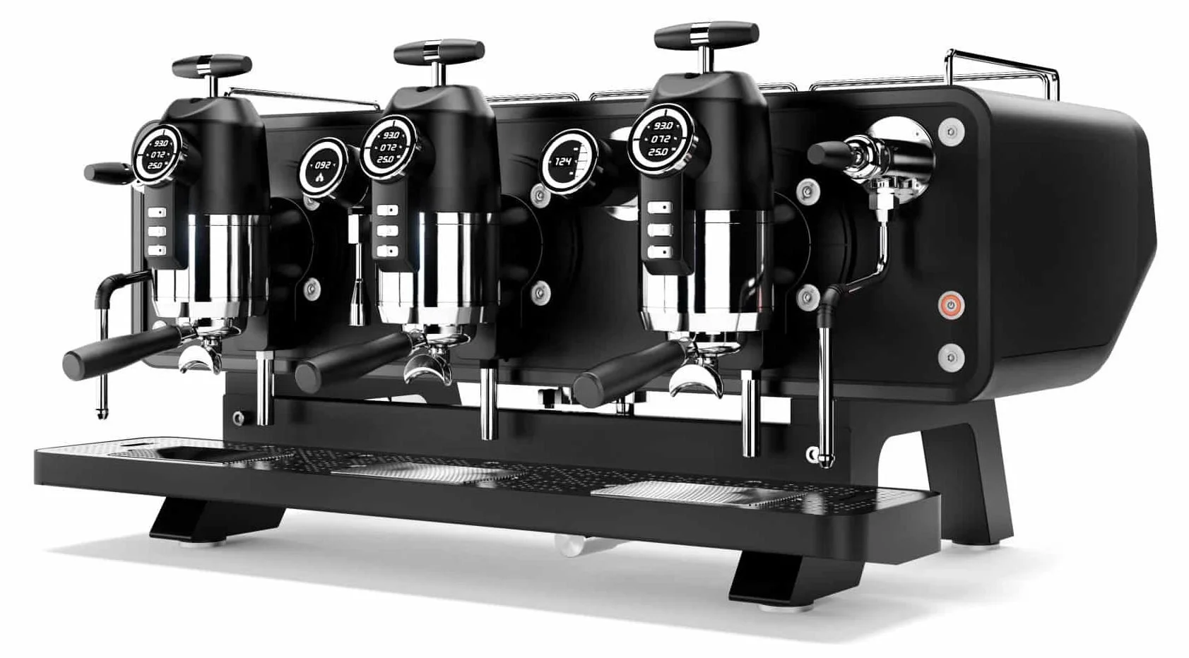 Sanremo Espresso Machine Opera 2.0. A black advanced espresso machine with multiple group heads, digital displays, and steam wands for brewing coffee.
