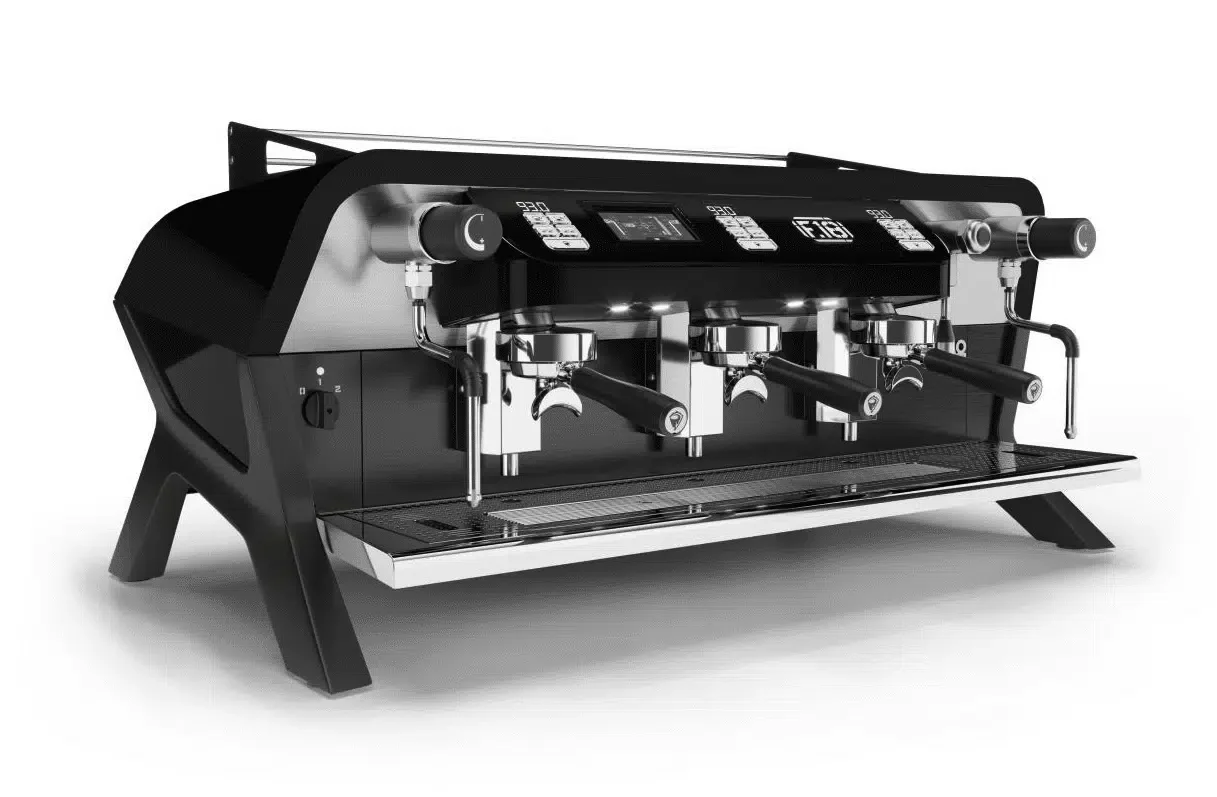 Sanremo Espresso Machine F18 MB. A modern black espresso machine with multiple group heads, digital displays, and steam wands.