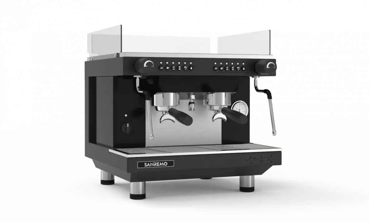 Sanremo Espresso Machine Zoe Compact.Black and silver commercial espresso machine with dual group heads, temperature gauge, and control knobs, placed on a white surface.