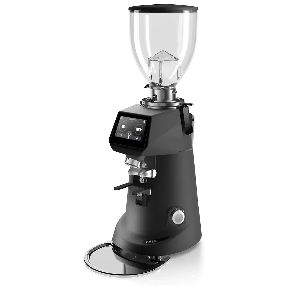 A professional coffee grinder with a digital control panel, a transparent bean hopper at the top, and a conical burr inside.