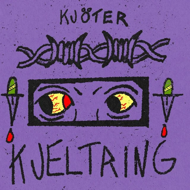 A purple background with black text reading "KÜOTER KÜELTARING" and a cartoonish drawing of a face with yellow and red eyes in a rectangular frame. Two green swords with red tips are on either side of the face.