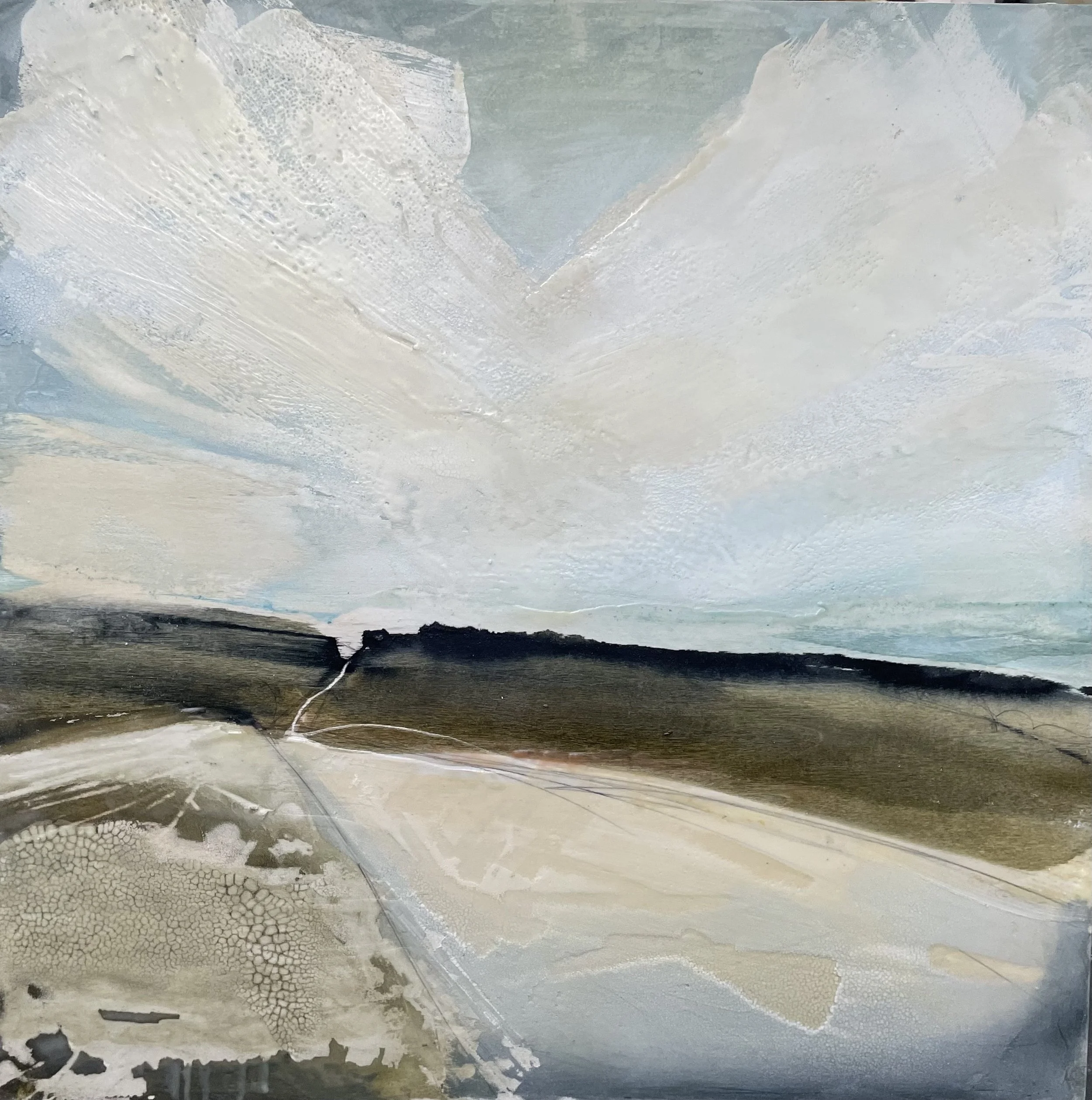 Skyward, Mixed media on wood, 61 x 61 x 5cm, £1500 .Available from Novus Gallery, Harrogate.