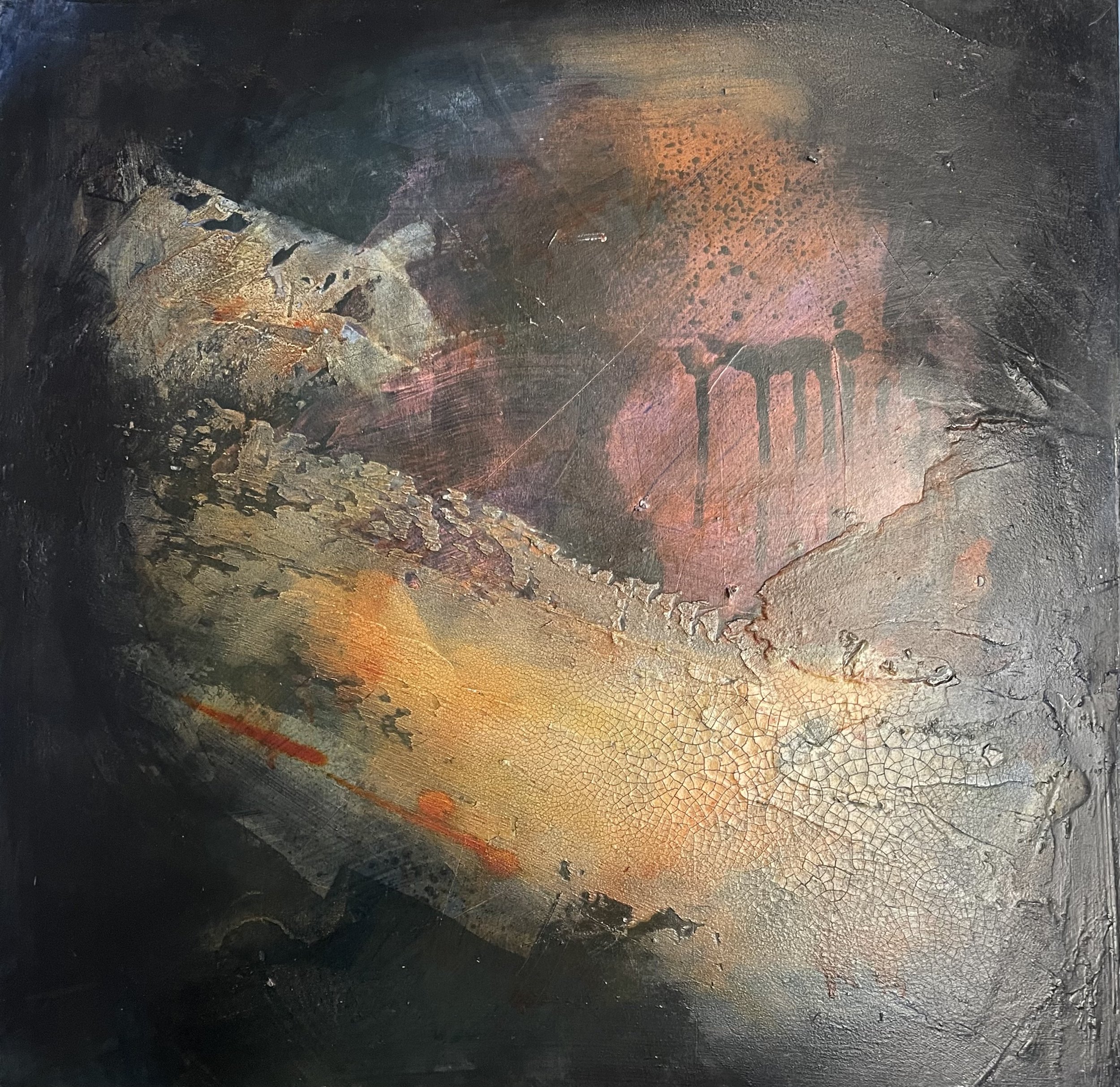 Fragments of a Forgotten Flame
Encaustic, mixed media and oil on wood panel
51cm x 51cm
