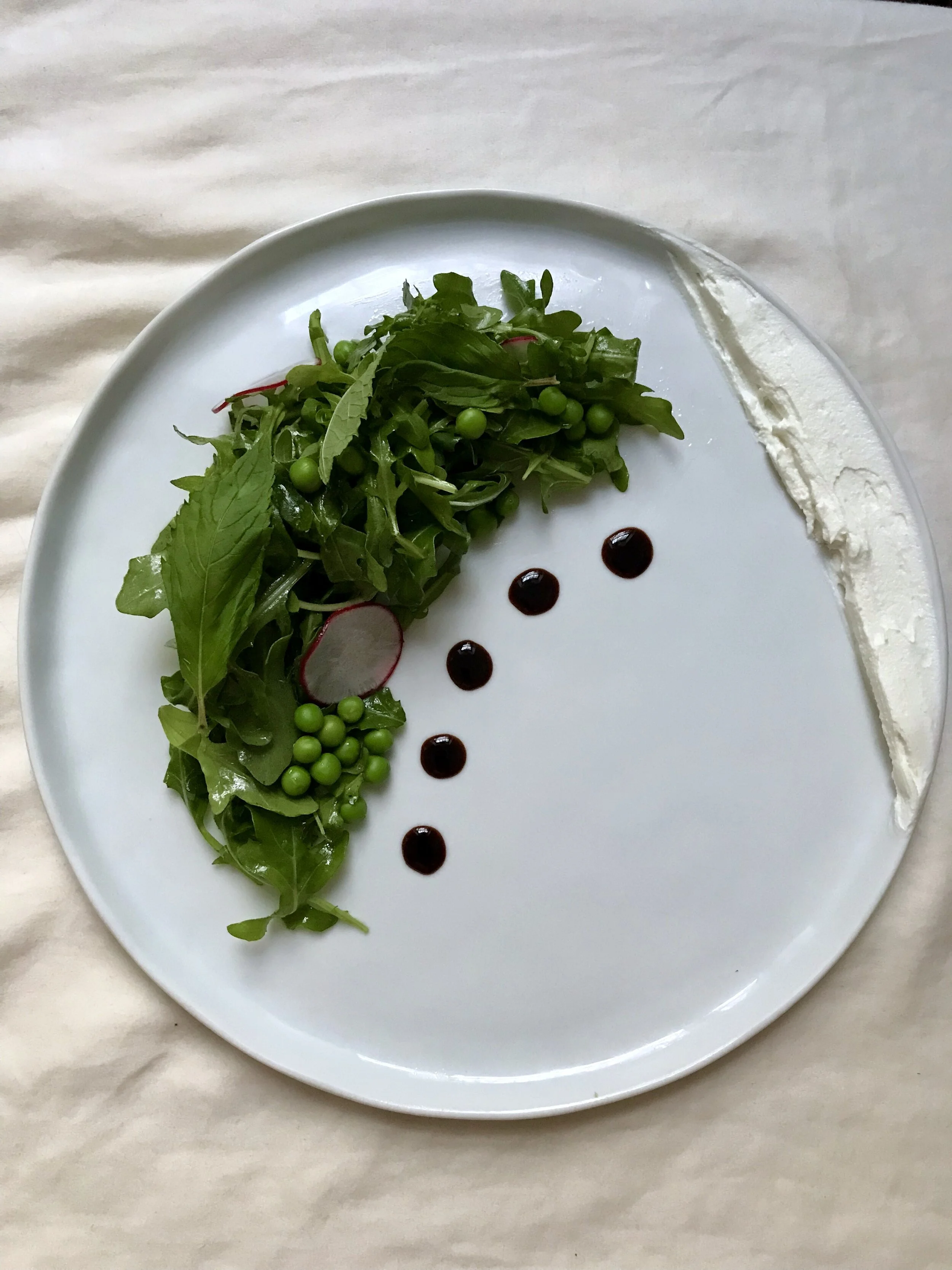 Spring Salad I English Peas, Figs, Mint, Radish, Goat Cheese, Balsamic Reduction