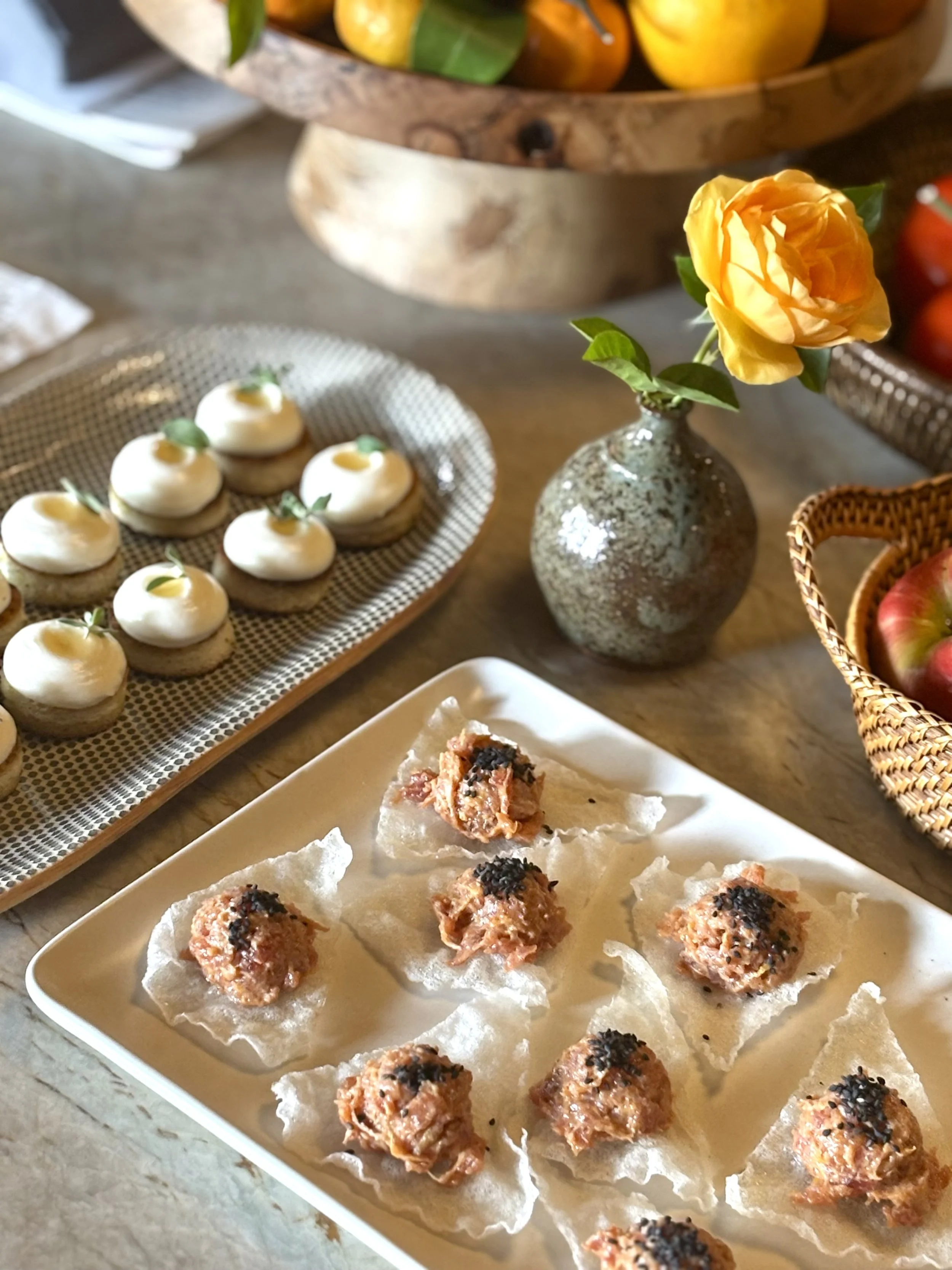Spicy Tuna on Rice Paper, Whipped Ricotta Toasts
