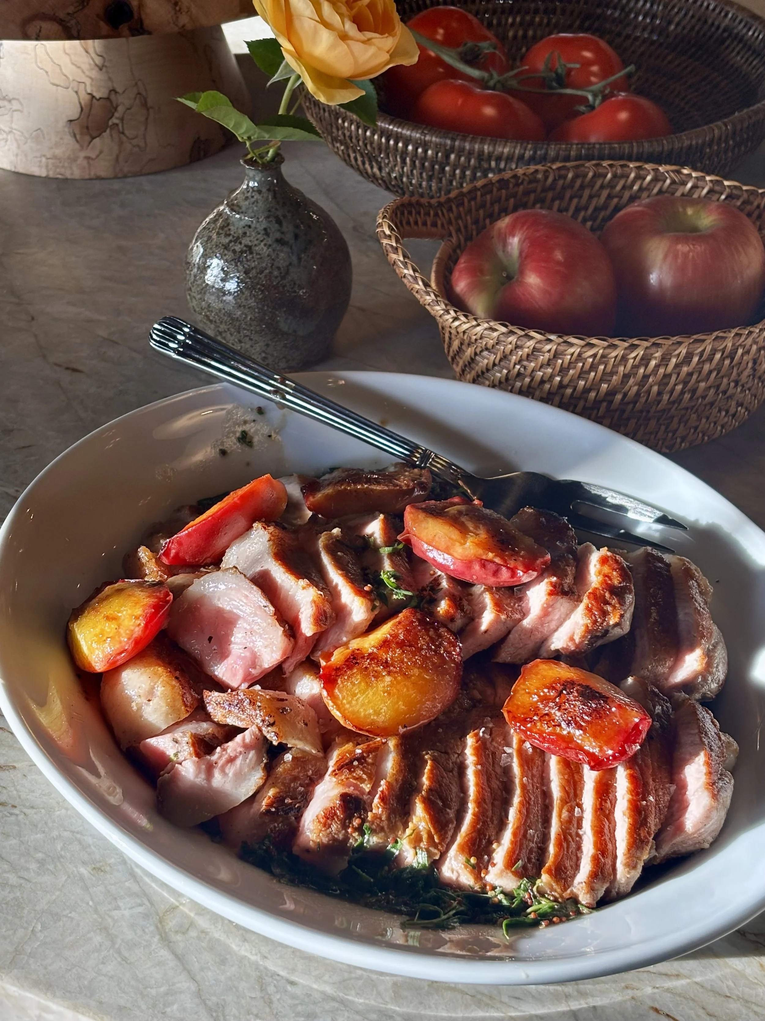 Family Style Pork Chops with Mustard Jus and Charred Summer Stone Fruit
