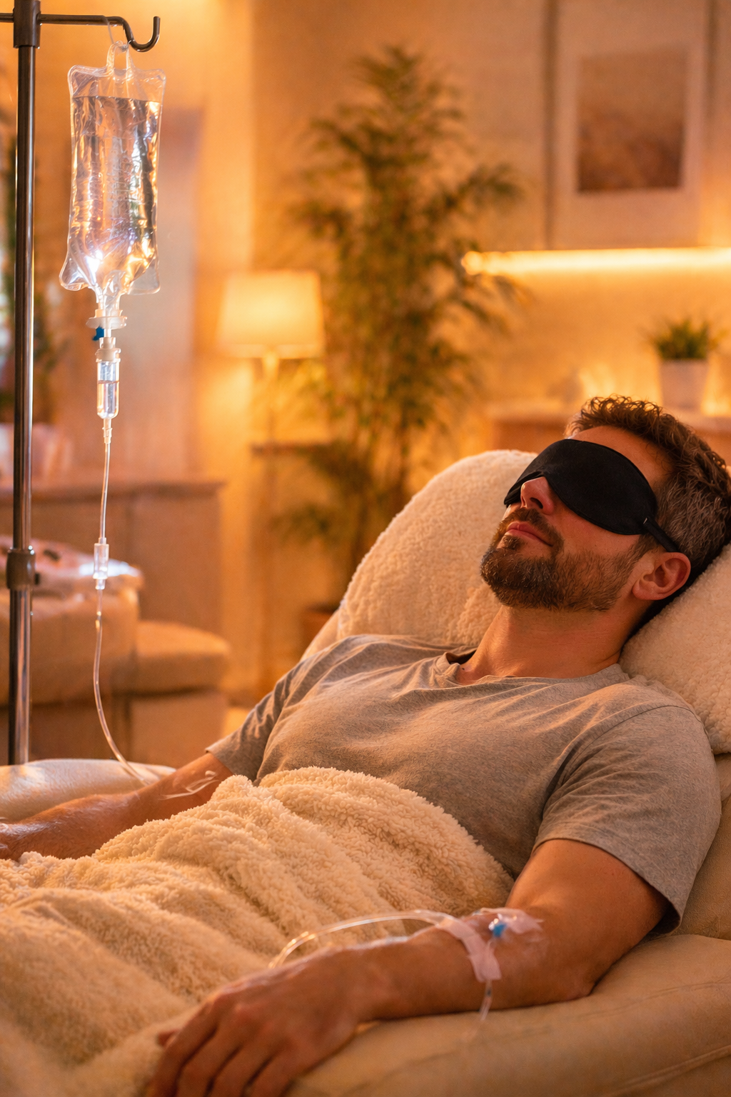 Man lying on a bed with a blindfold, receiving intravenous fluids in a cozy room with warm lighting and plants.