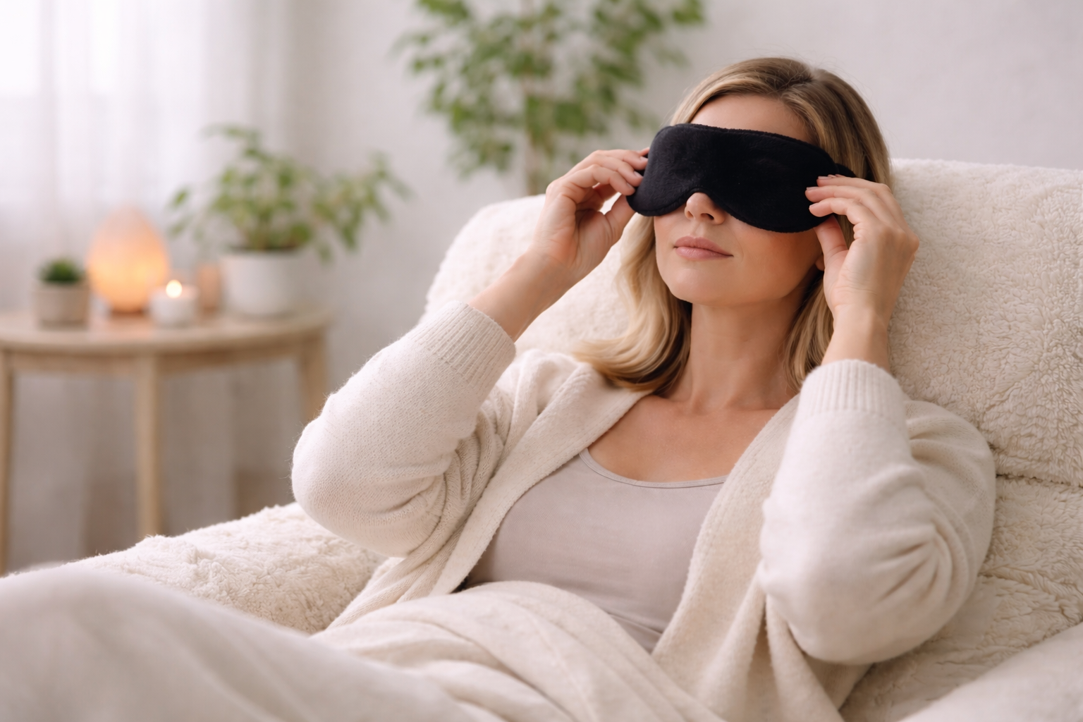 Woman with blonde hair sitting on a sofa, wearing a sleep mask.