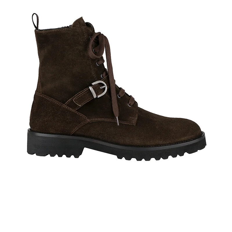 Brown suede lace-up boot with a buckle and rugged sole