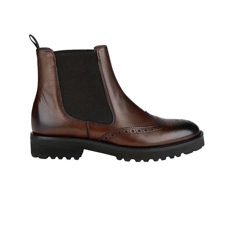 Brown leather Chelsea boot with brogue detailing and black elastic panels.