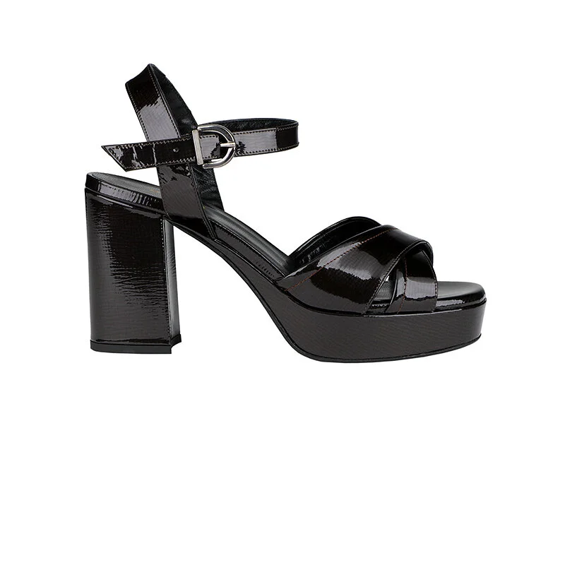 Black patent leather platform sandal with block heel and ankle strap