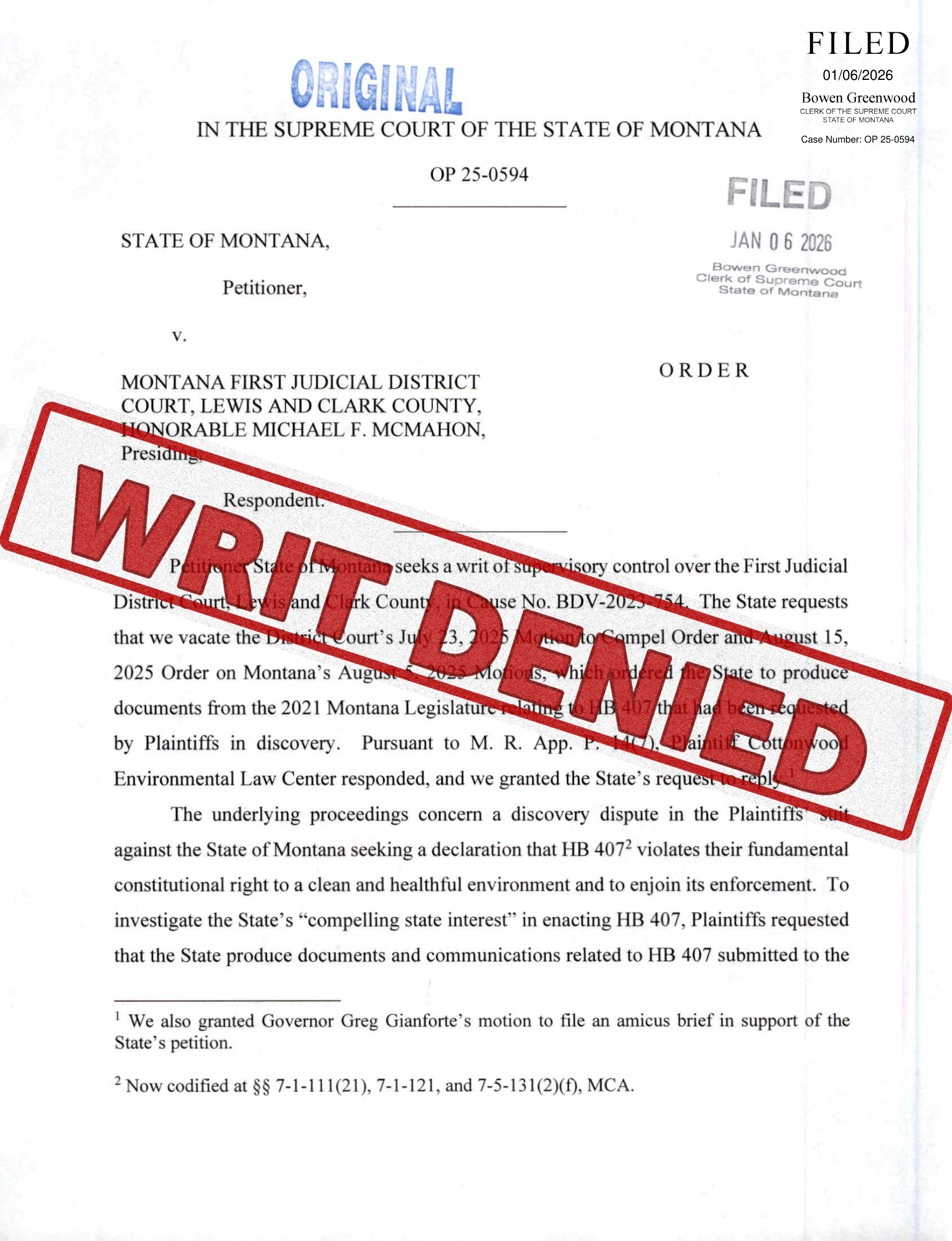 MONTANA SUPREME COURT REJECTS DOJ’S DISCOVERY ROADBLOCKS