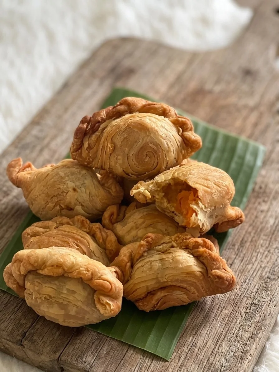 Sueperlicious spiral curry puffs, one cut open showing sweet potato curry filling