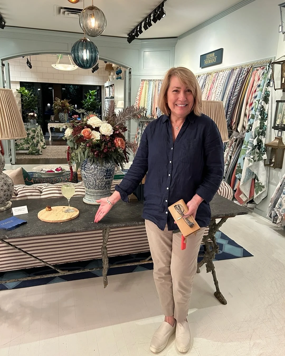 Belgian Bluestone table in the James showroom featuring a lecture by designer Peter Dunham.  #bellebloo #BelgianBluestone #PeterDunham