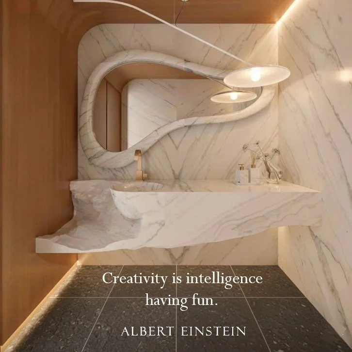 Let's toast to the New Year and fresh design possibilities in the Natural Elements Built Environment. Here, wood + marble + limestone = relaxed refinement in this powder bath.

#BelleBloo #BelgianBluestone #DarkHoned #CarraraMarbleSlabs