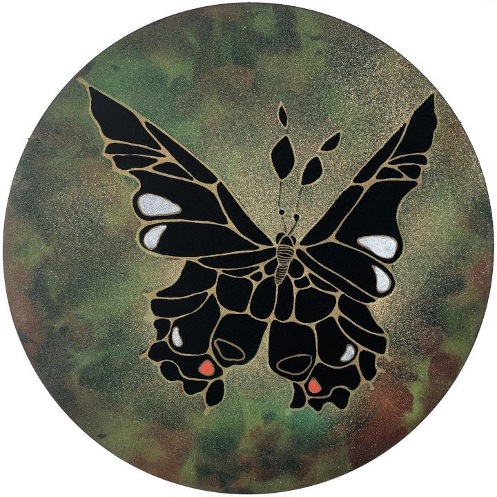 "Flamenco Moth" 17" diameter, spray enamel, metallic paint pen and acrylic on round canvas, 2025, (SOLD)
