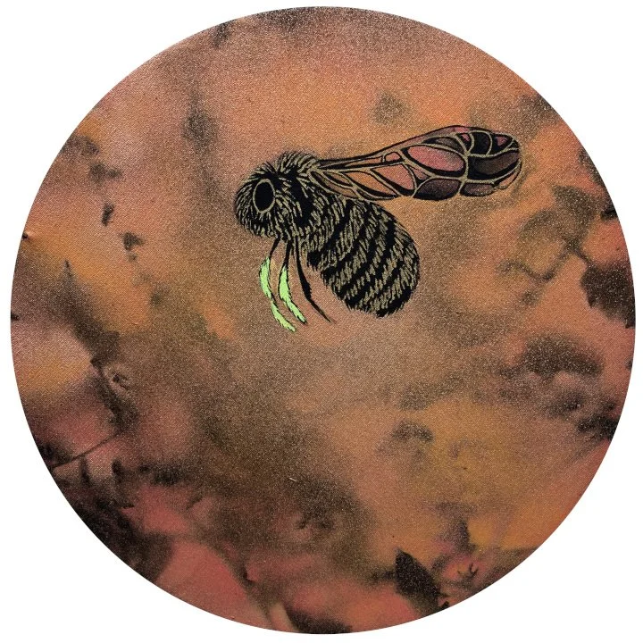 "Waffle Wing Bee" 11" diameter, spray enamel, metallic paint pen and acrylic on round canvas, 2023, (SOLD)
