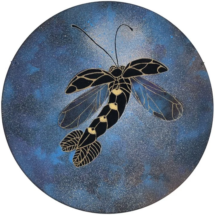 "Shrimp Beetle" 13" diameter, spray enamel, metallic paint pen and acrylic on round canvas, 2025, (SOLD)