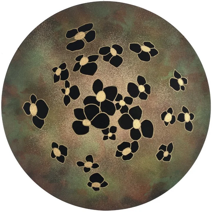 "Super Bloom" 23" diameter, spray enamel, metallic paint pen and acrylic on round canvas, 2025, (SOLD)