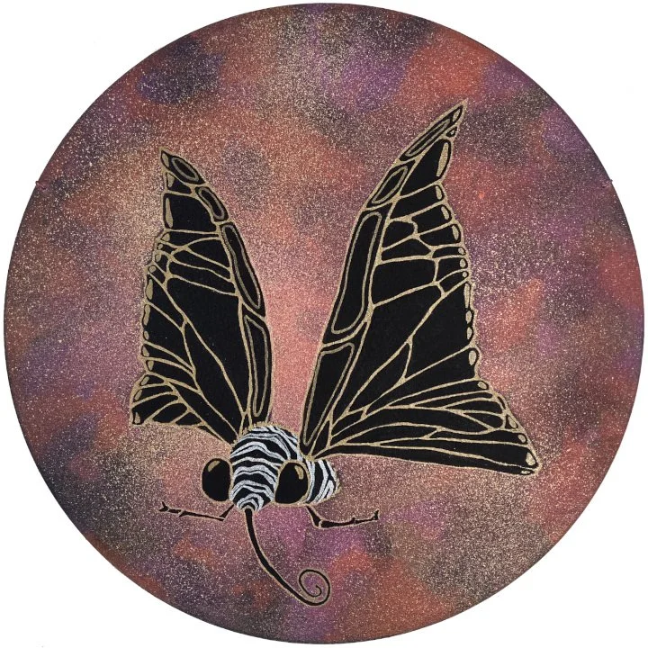 "Zebra Moth" 14" diameter, spray enamel, metallic paint pen and acrylic on round canvas, 2025, (SOLD)