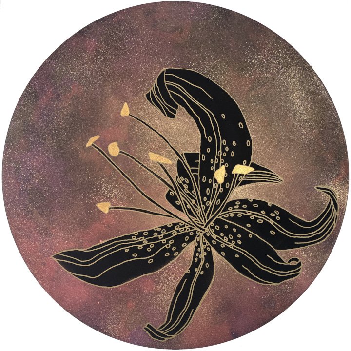 "Come Hither Lily" 23" diameter, spray enamel, metallic paint pen and acrylic on round canvas, 2025, (SOLD)