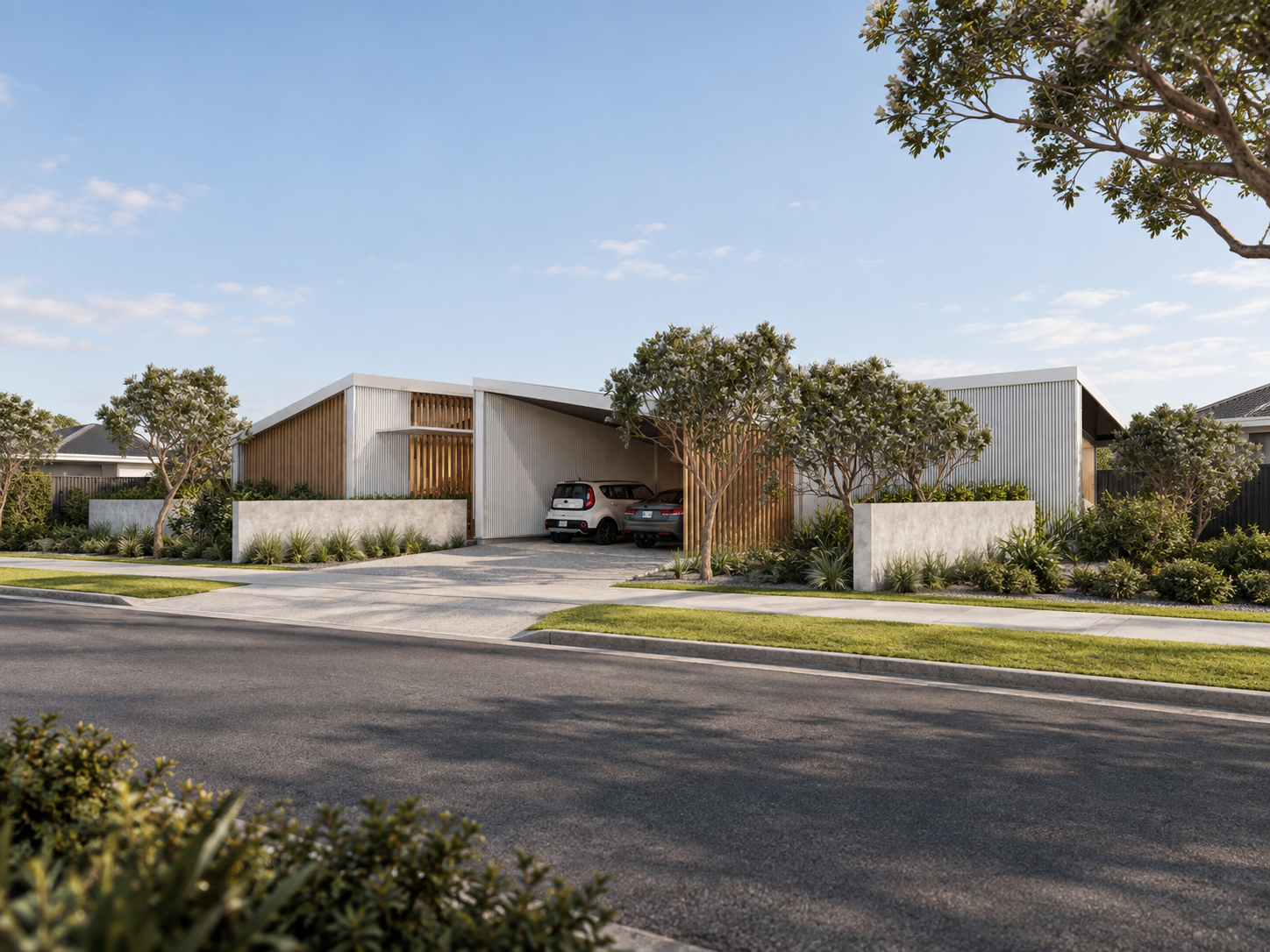 This four bedroom bach has been designed in harmony with its idyllic beachside setting. Dynamic zinc profile metal cladding and soft timber complement the natural environment while strong raking rooflines and glass joinery provide incredible views of