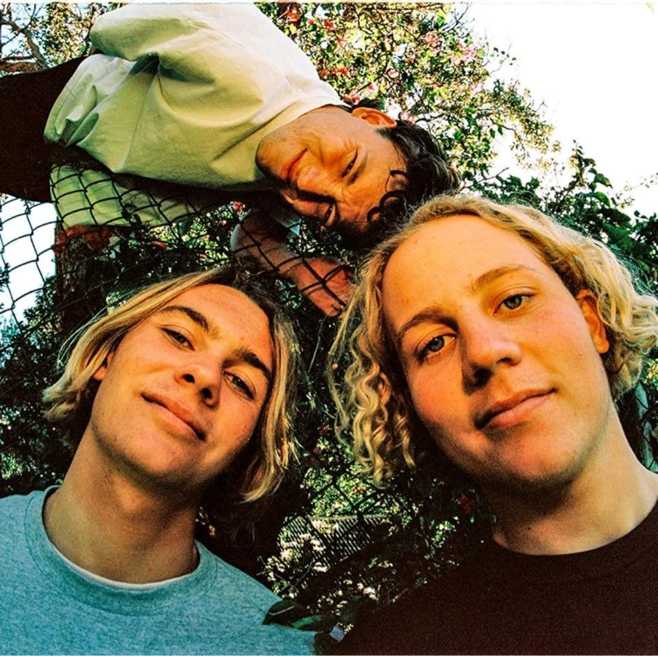 Three young men with blond and dark hair looking down at the camera, with greenery and a fence in the background.