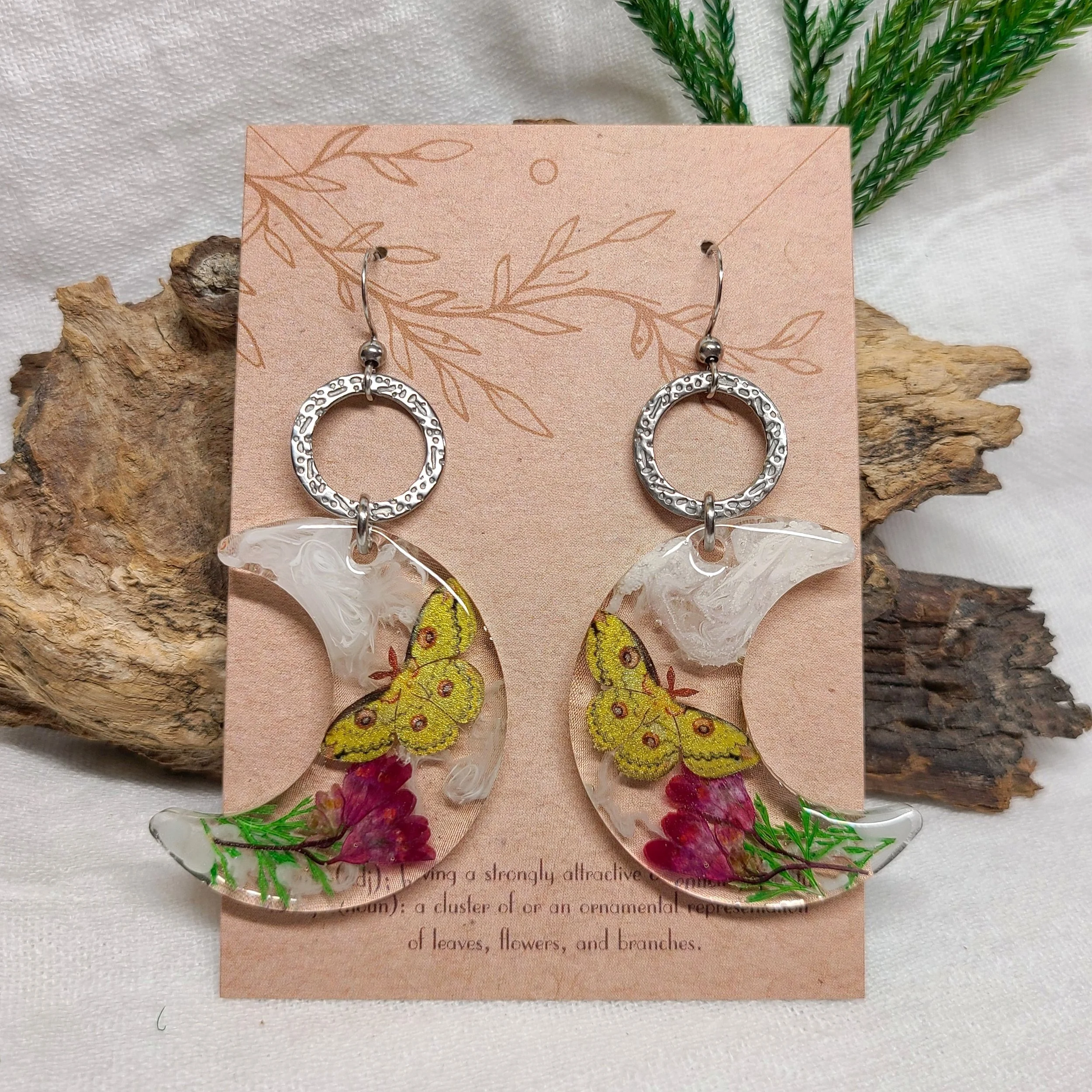 Moon Garden Earrings. Paper moth with dried flower and leaves.