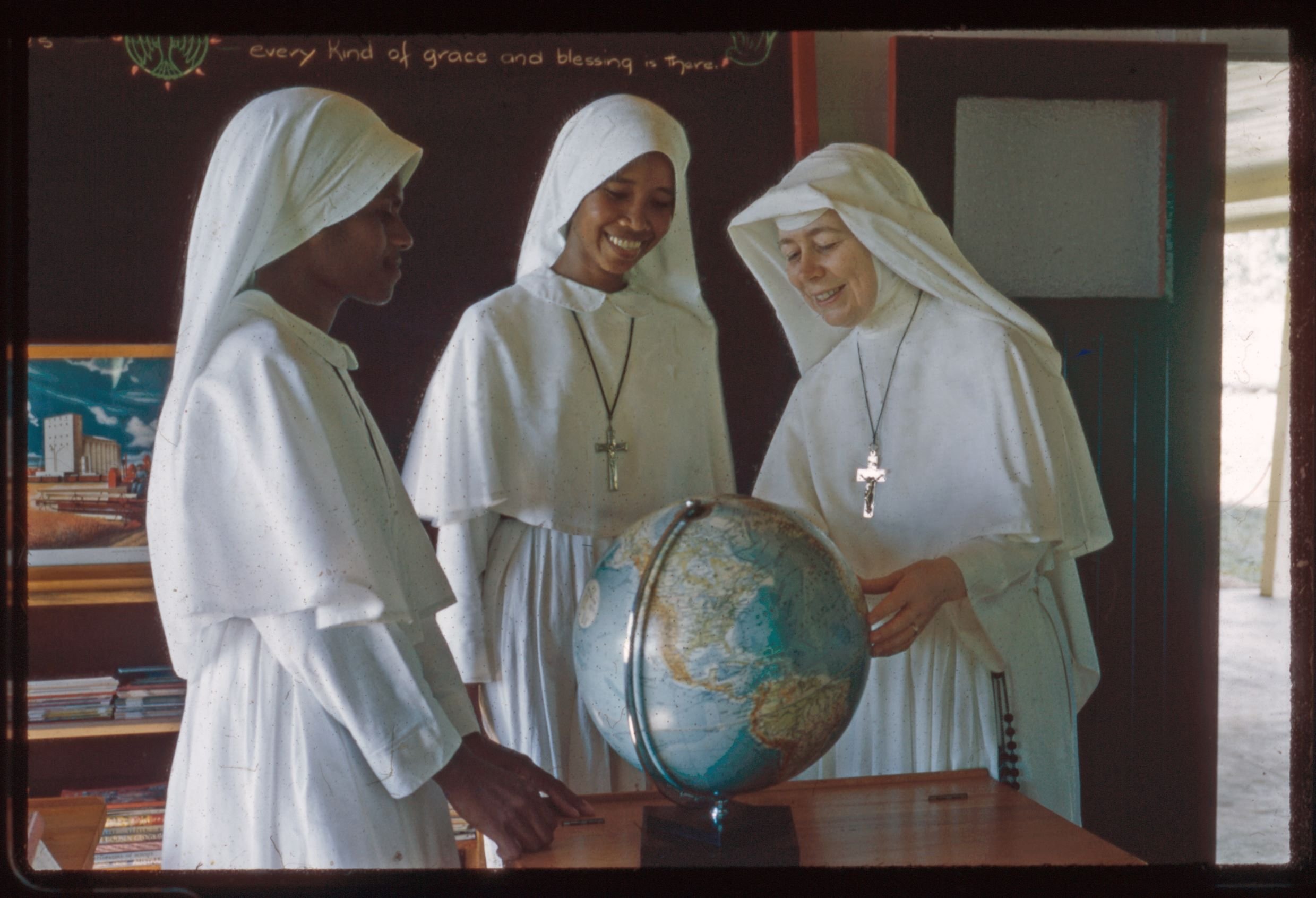 Sr Mark Lehmann and two novices during a geography lesson, ca 1957-ca 1965