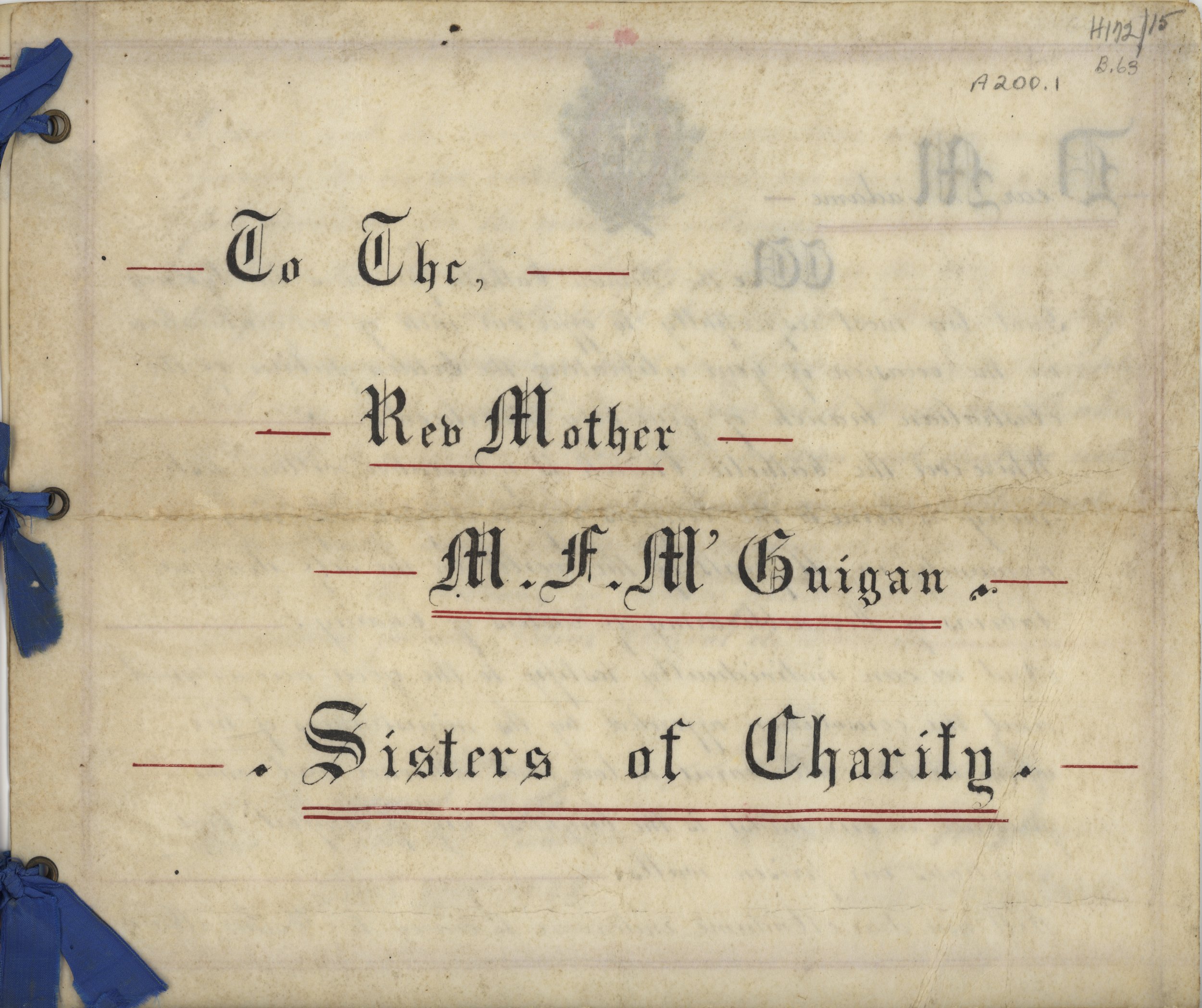  The cover page of a parchment letter sent by the Catholic prisoners at Darlinghurst Gaol to the Sisters of Charity in 1888 on the occasion of the 50th anniversary of their arrival in Australia.  